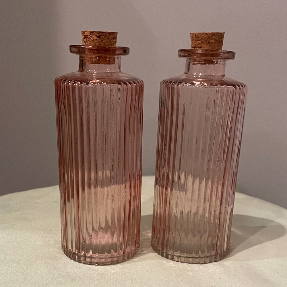 Pink Ribbed Glass Bottles with Cork Stoppers